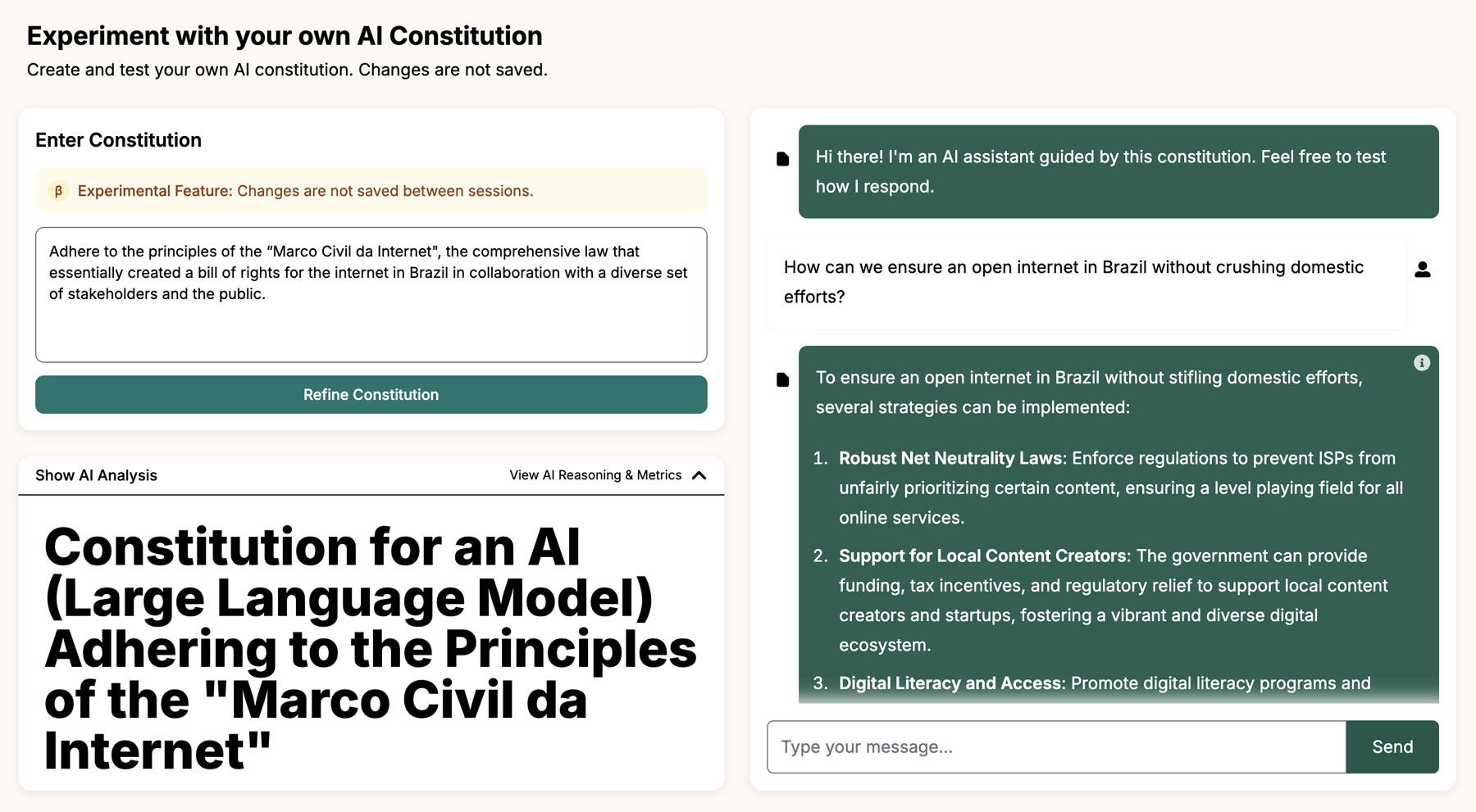 AI tool titled 'Experiment with your own AI Constitution.' The user inputs a constitution about Brazil's 'Marco Civil da Internet.' The AI answers a question on ensuring an open internet in Brazil, suggesting net neutrality laws, support for local creators, and digital literacy programs. A text input box and 'Send' button are visible.